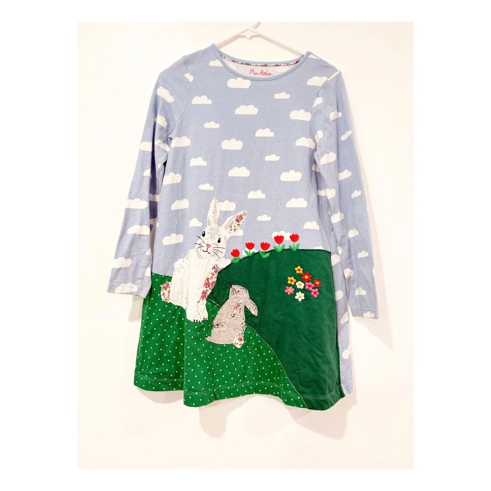 Mini Boden Girls Blue Cloud Bunny Rabbit Embroidered Jersey Dress 11-12Y
